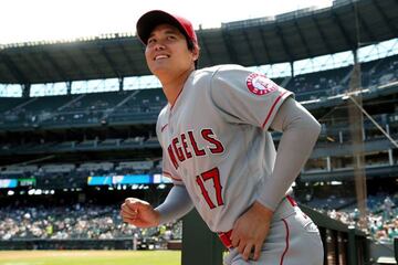 SEATTLE, WASHINGTON - JULY 11: Shohei Ohtani #17 of the Los Angeles Angels takes the field for warm ups before the game against the Seattle Mariners at T-Mobile Park on July 11, 2021 in Seattle, Washington. Steph Chambers/Getty Images/AFP